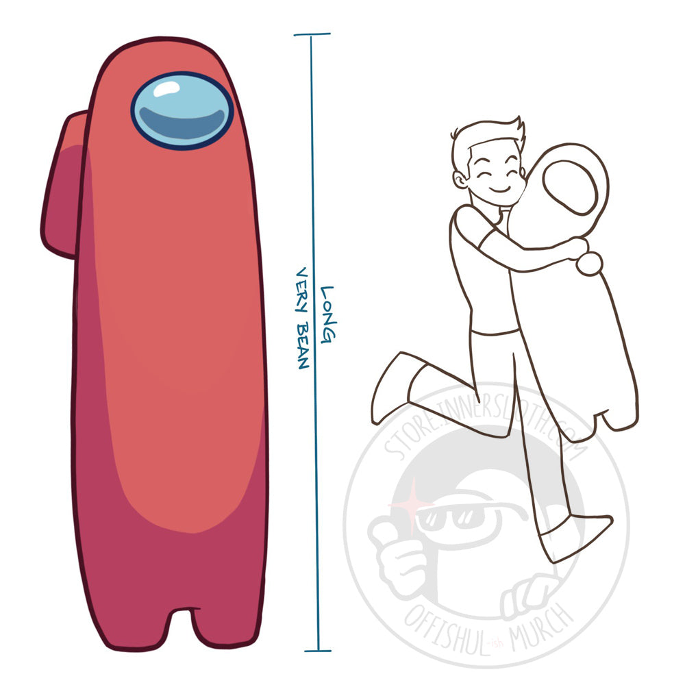 A product illustration of a long coral crewmate body pillow plush. A size bar is drawn beside it that reads, “Long/Very Bean.” A black and white sketch beside it shows a model happily hugging the body pillow.