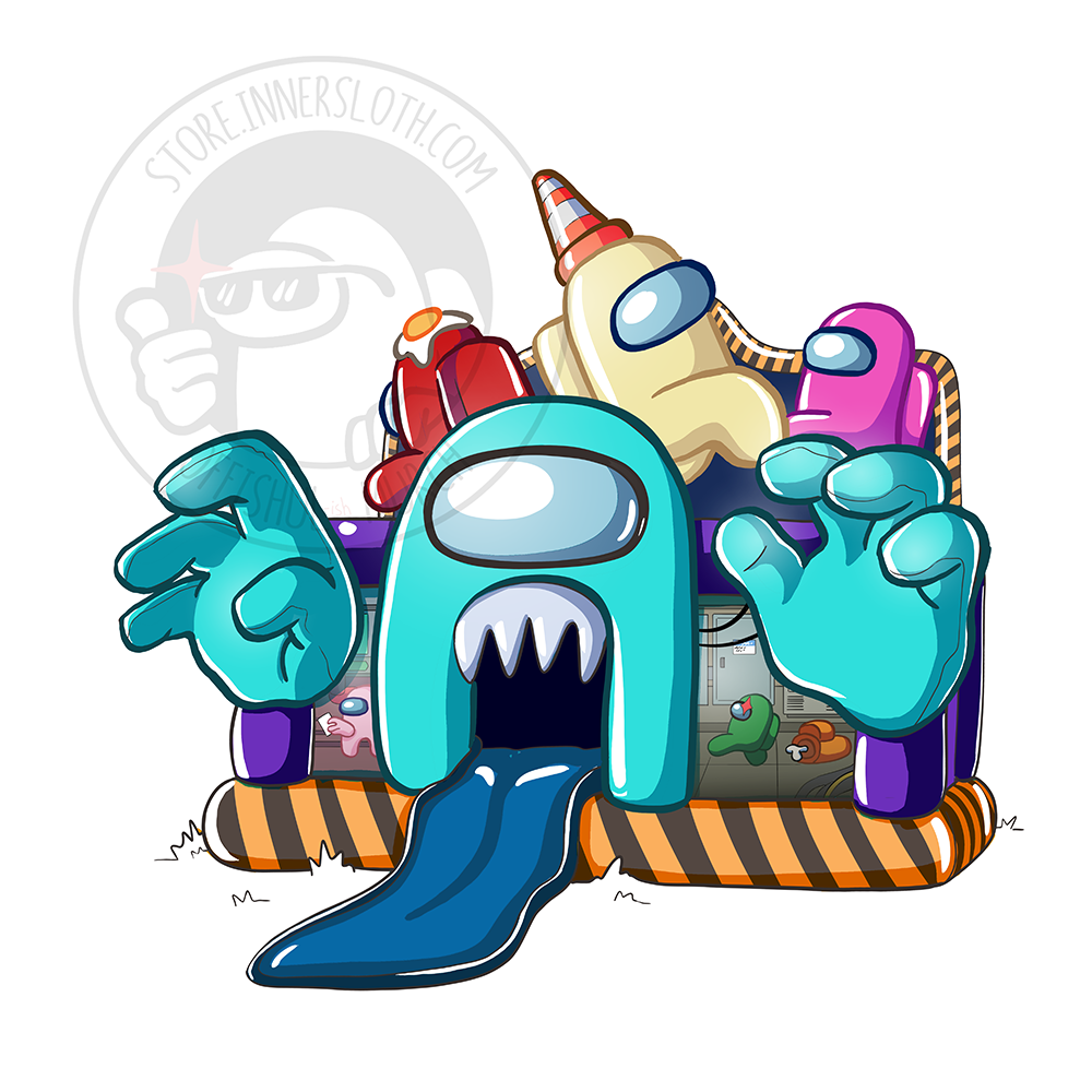 A product illustration of an Among Us themed bouncy castle. A large cyan crewmate frames the entire inflatable. Its mouth is open, revealing the entrance and a long blue tongue is the pathway inside. The top of the bouncy castle is made of inflatable crewmates. The red crewmate faces away from the viewer and is wearing an egg hat. The banana crewmate is marching to the right and wears a traffic cone hat. A pink crewmate is walking leftward towards the banana crewmate.