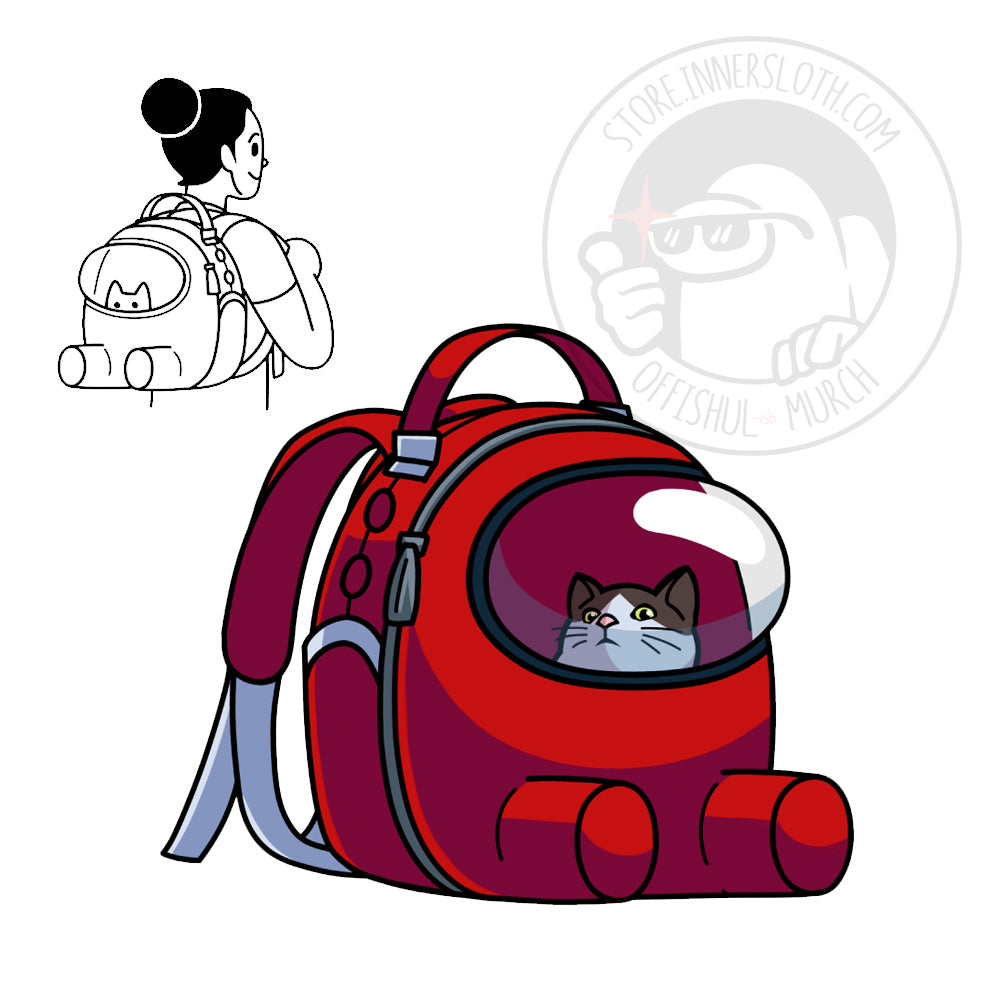 A product illustration of a sitting red crewmate shaped cat carrier backpack. A brown and white cat peeks out from the visor bubble. A smaller black and white sketch shows a model wearing the backpack with a peeking cat inside.