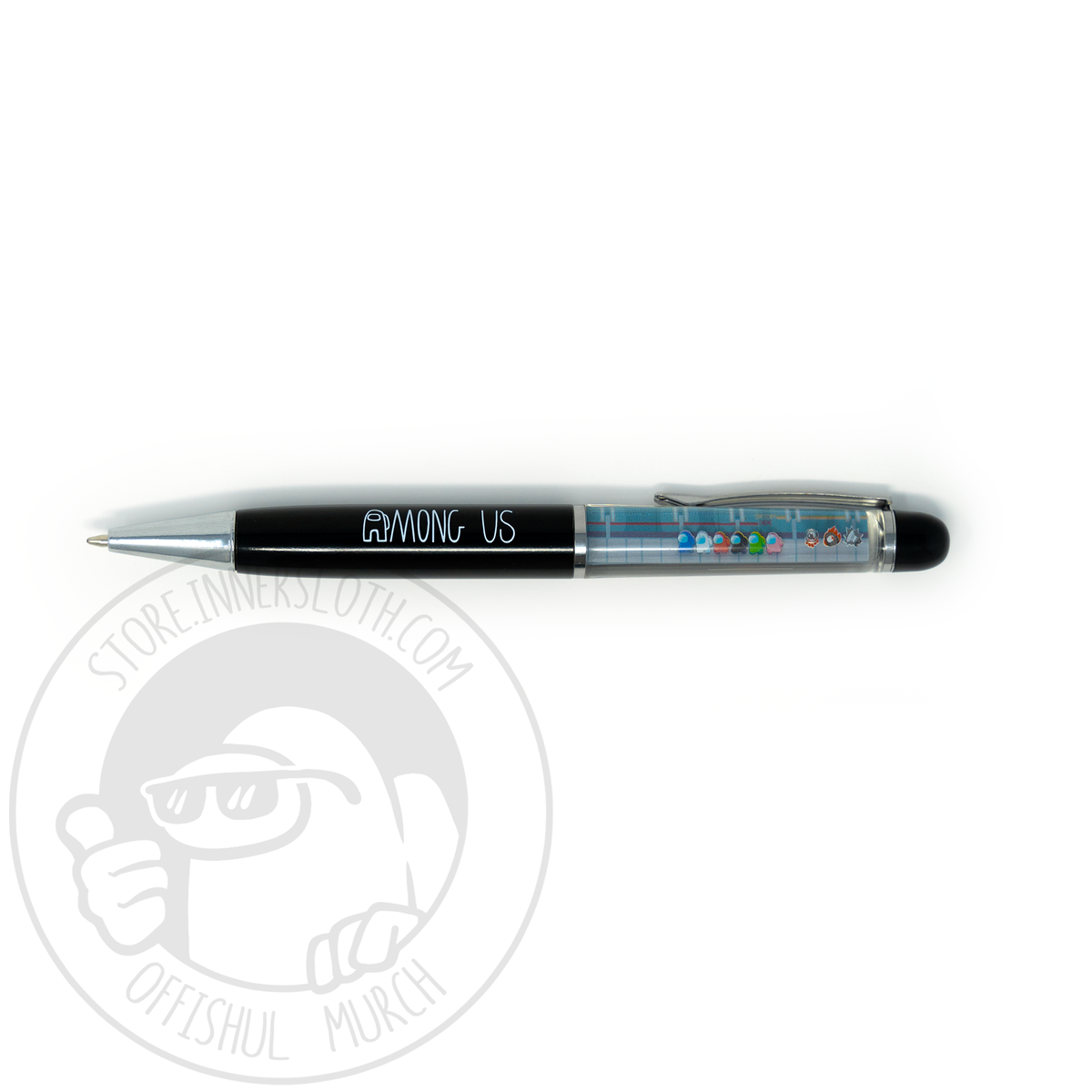 The front view of the clear tube features a line of Crewmates suspended in the mineral oil liquid. The bottom of the pen says &quot;Among Us&quot; 