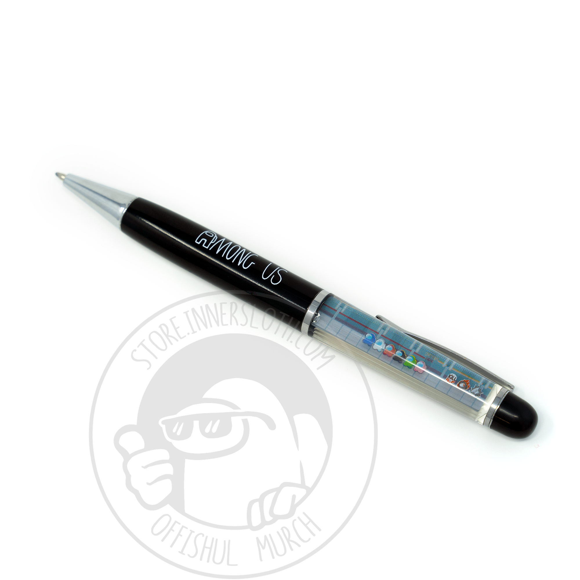 A black plastic floaty pen with a double-sided clear tube with Crewmate artwork by Noble Demons inside it. The front view of the clear tube features a line of Crewmates suspended in the mineral oil liquid.  A hand tilts the pen slowly showing the Crewmates floating to the opposite side. 