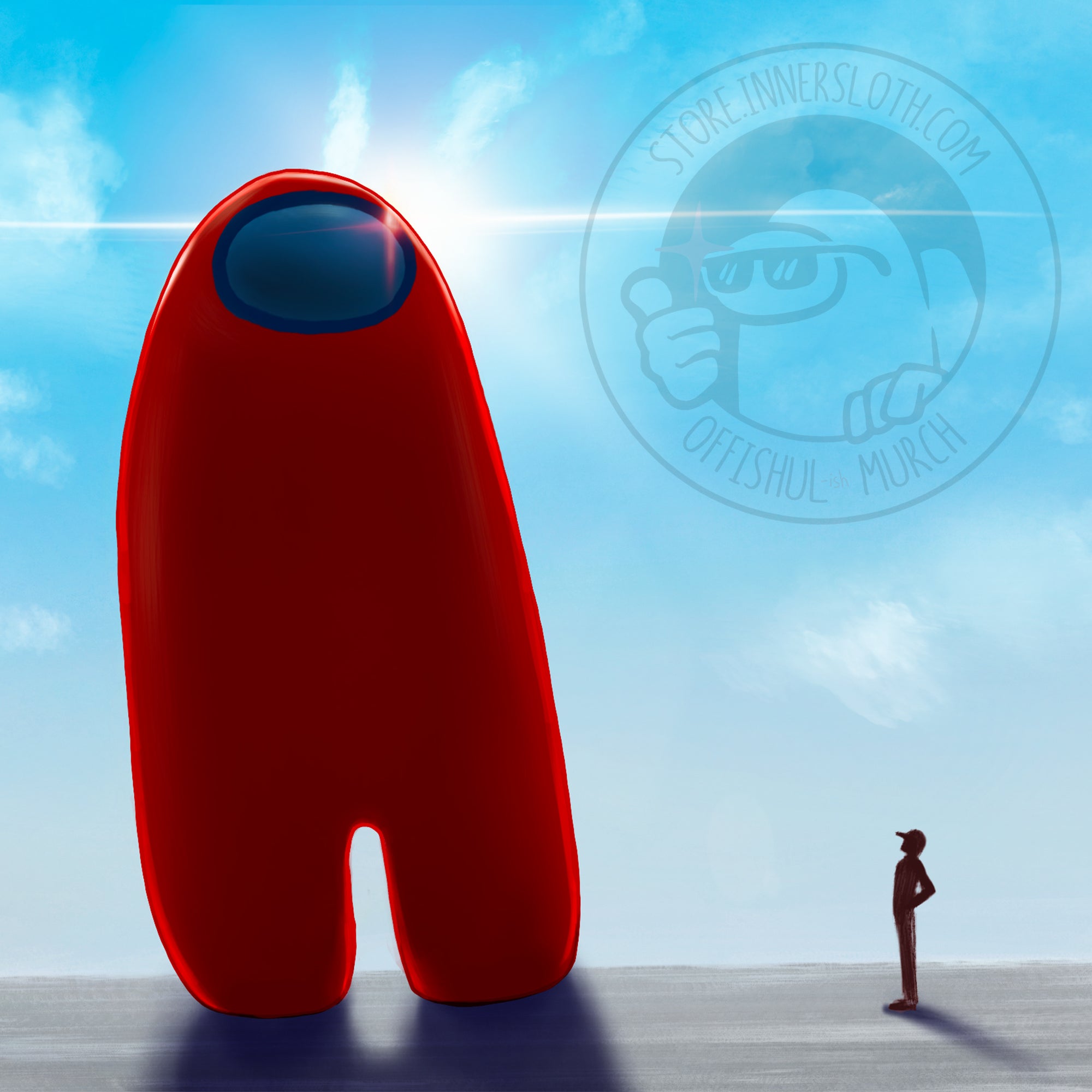 An illustration by Zara Varin depicts a 30ft tall  HUMUNGUS Red Crewmate towering over a very tiny human person.