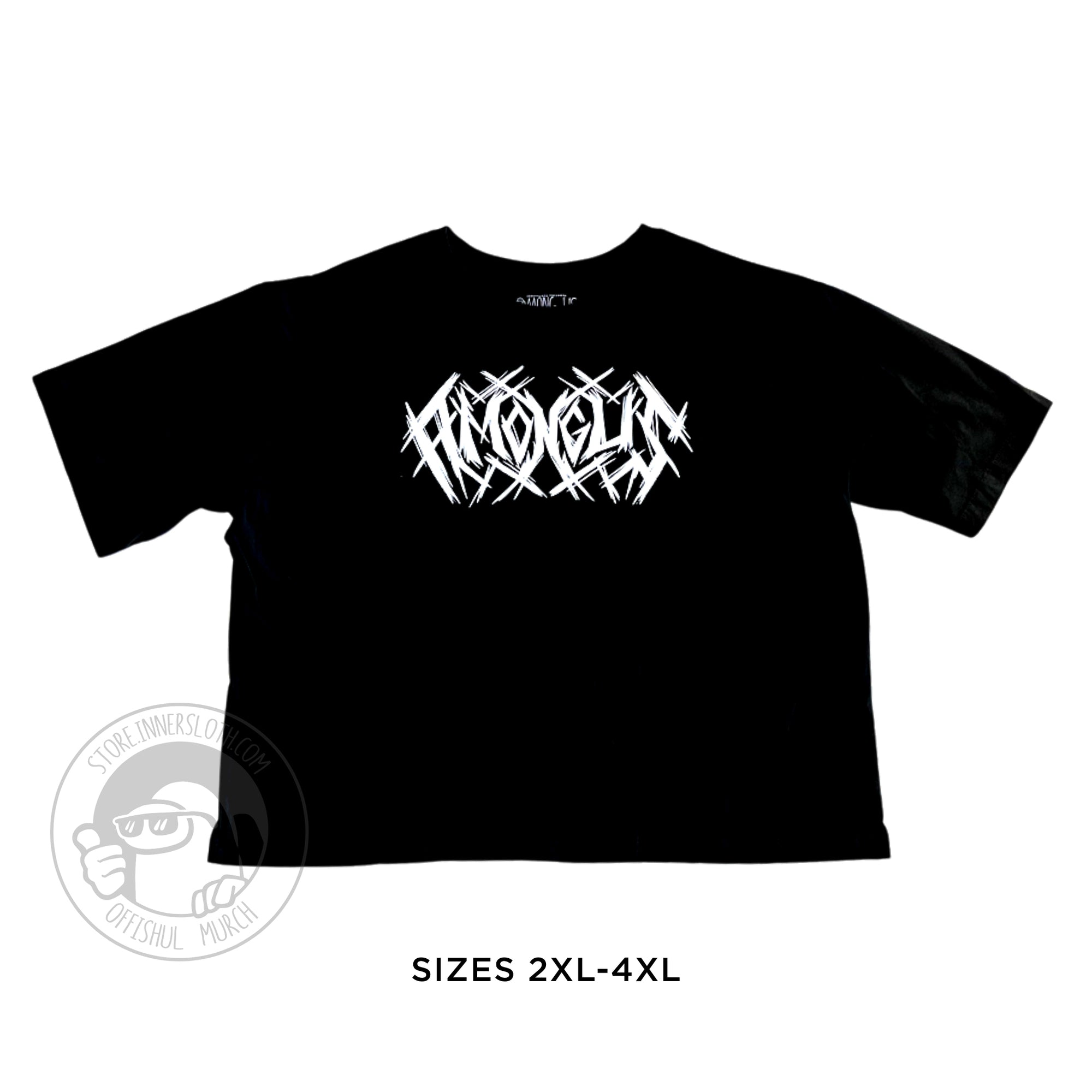 A product photo of a cropped black t-shirt. “Among Us” is written in traditional, scratchy heavy metal text across the chest.