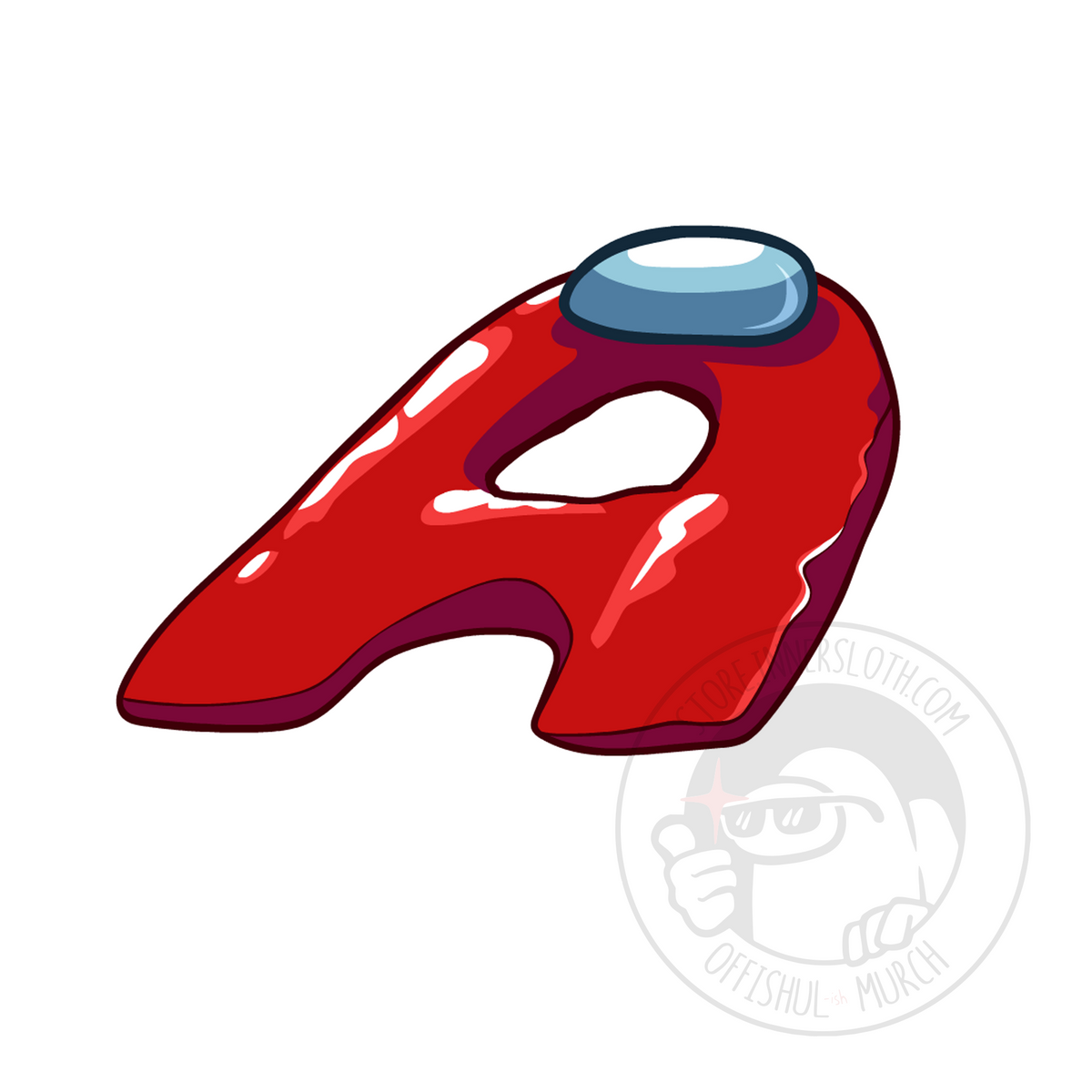 An illustration by Amy Liu of a red &quot;A&quot; shaped Crewmate pool floaty with a blue oval visor. 