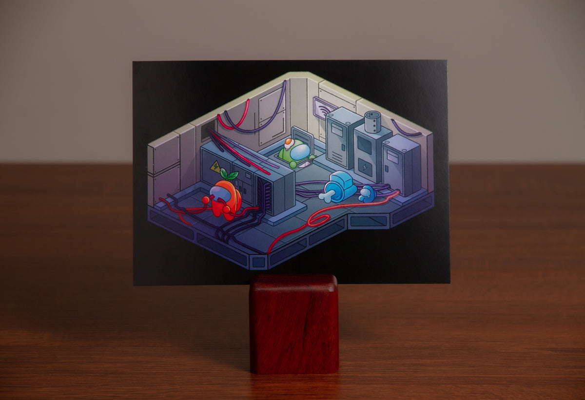 The Skeld print is propped up on a wooden stand. It shows three crewmates in Engineering - one red crewmate with a leaf hat doing tasks, one blue crewmate with a pet lying dead with its bone showing, and a green crewmate with an egg hat creeping in the vent.