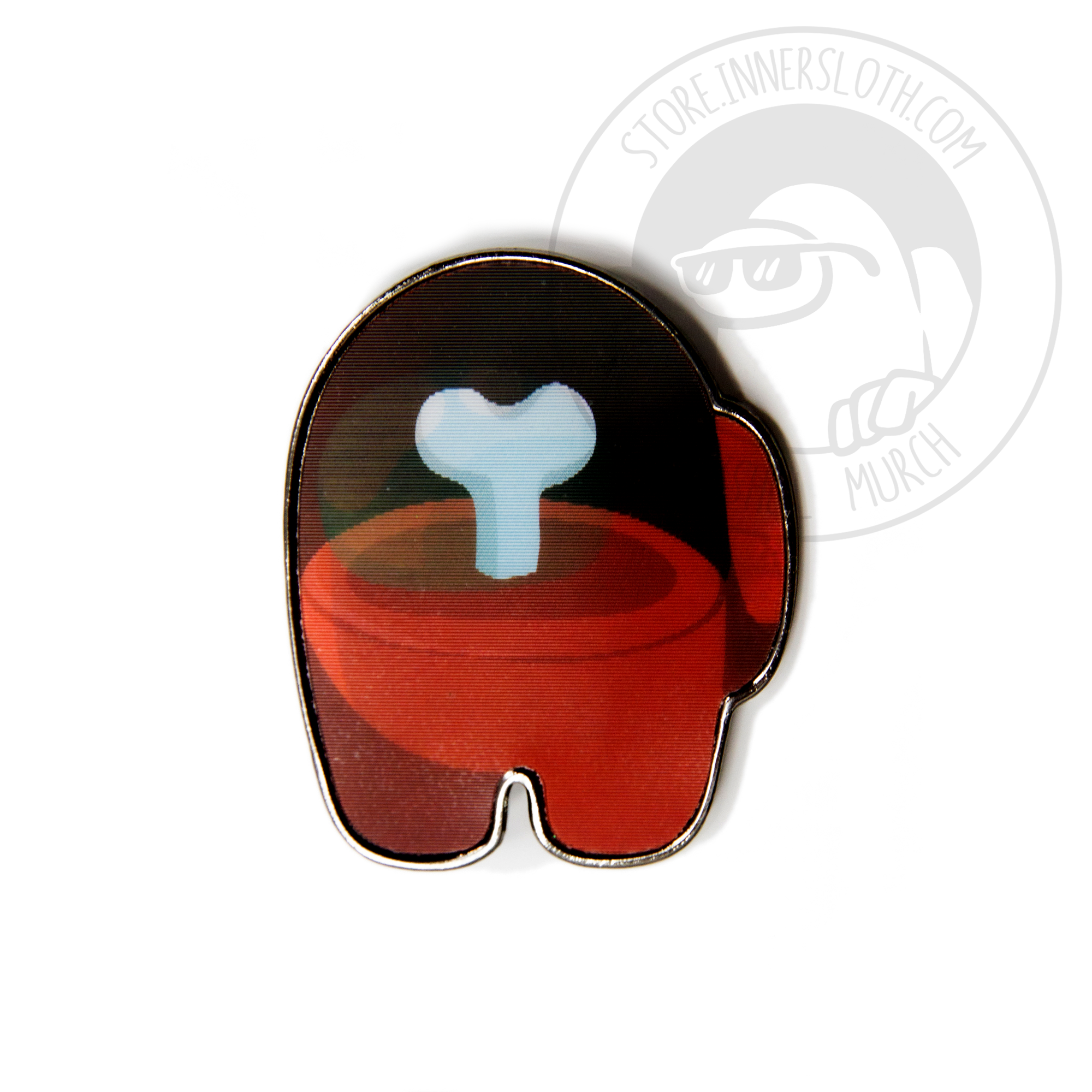 An animated gif of the lenticular crewmate pin, which shows a red crewmate. The image dissolves back and forth showing the red crewmate, and then half the red crewmate with its bone sticking out.