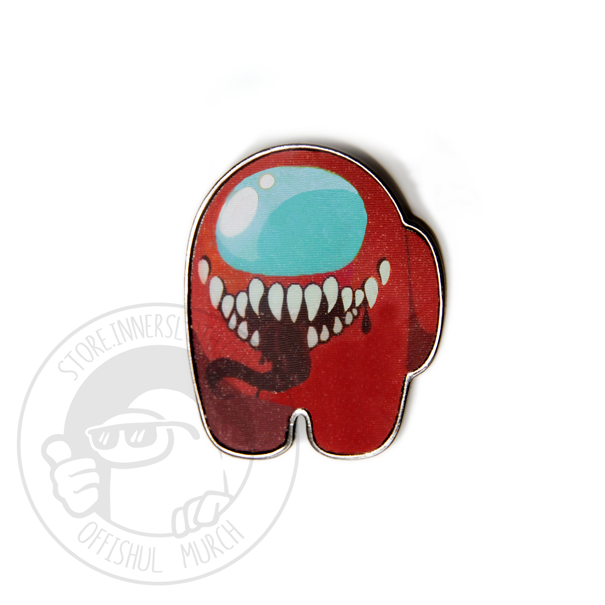 An animated gif of the lenticular impostor pin, which shows a red crewmate. The image dissolves back and forth showing the red crewmate, and then the red Impostor with grinning sharp teeth and tongue.