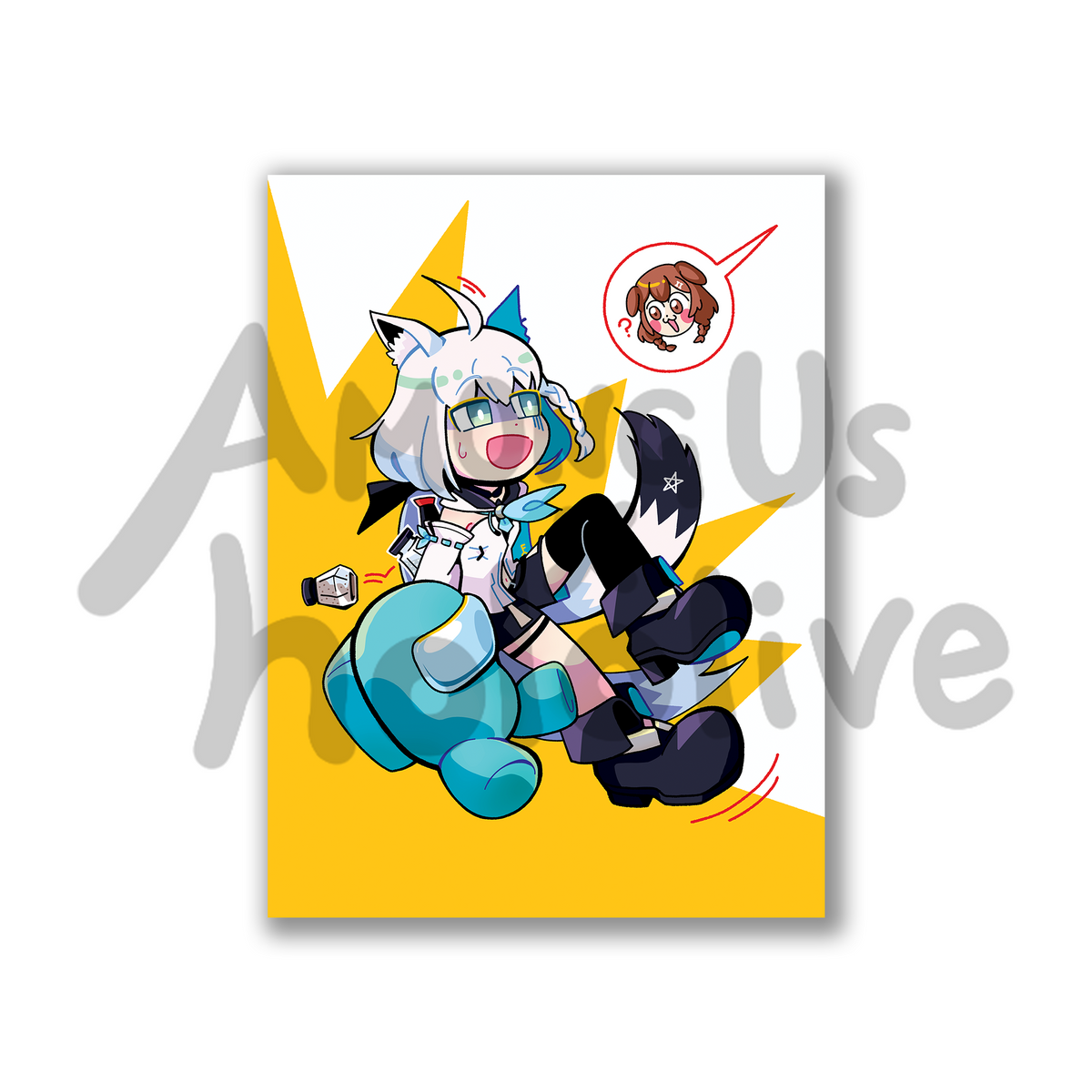 A poster of Shirakami Fubuki from Hololive sitting beside a large cyan crewmate and chatting.