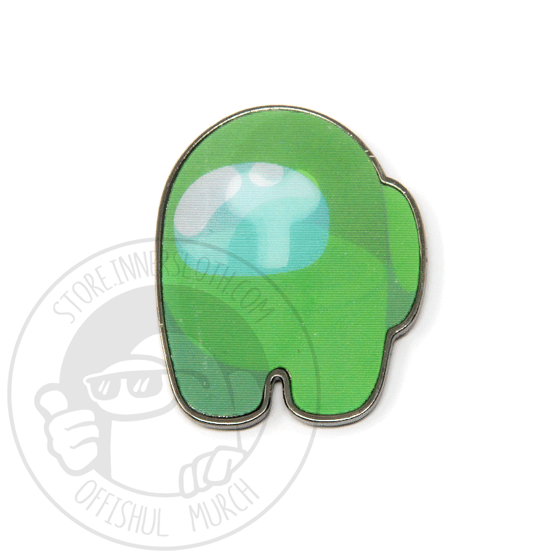 An animated gif of the lenticular crewmate pin, which shows a green crewmate. The image dissolves back and forth showing the green crewmate, and then half the green crewmate with its bone sticking out.