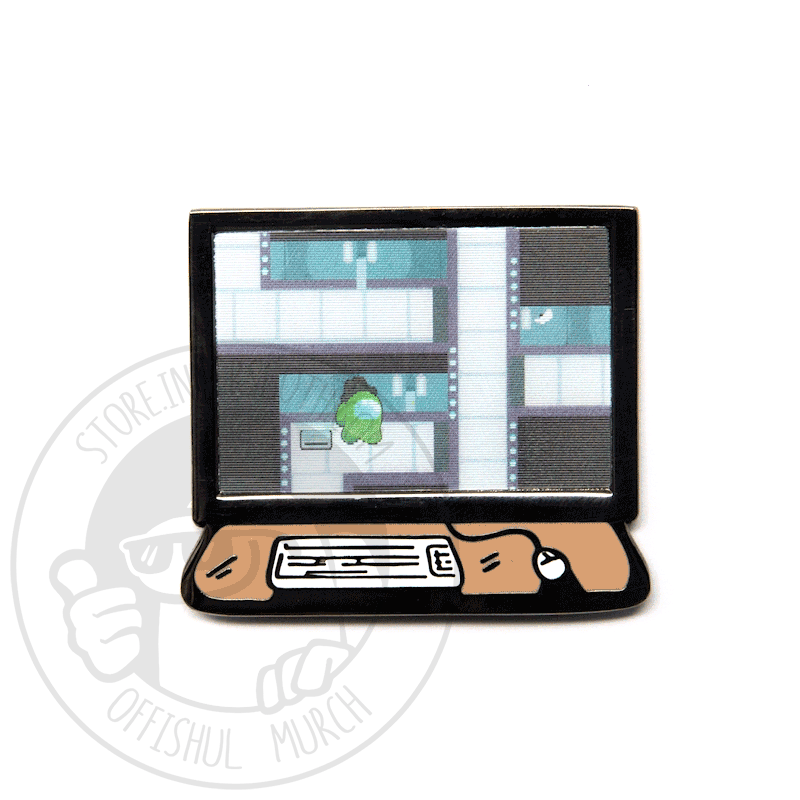 An animated gif of the lenticular security camera pin, showing a computer screen with deskmat, keyboard, and wired mouse beneath. The lenticular aspect of the pin is on the computer screen and shows a wandering green crewmate with a top hat.