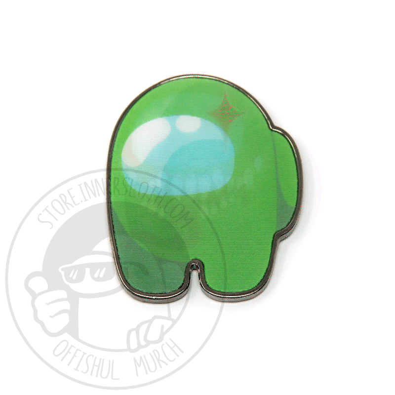 An animated gif of the lenticular Impostor pin, which shows a green crewmate. The image dissolves back and forth showing the green crewmate, and then the green Impostor with grinning sharp teeth, tongue, and red Impostor shine.