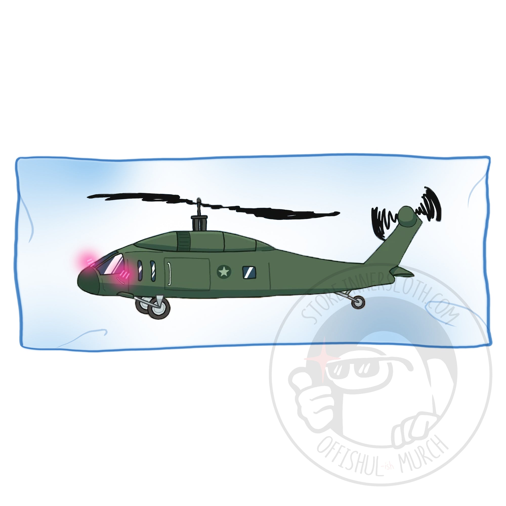 An illustration by Zara Varin of a blushing Green helicopter body pillow.