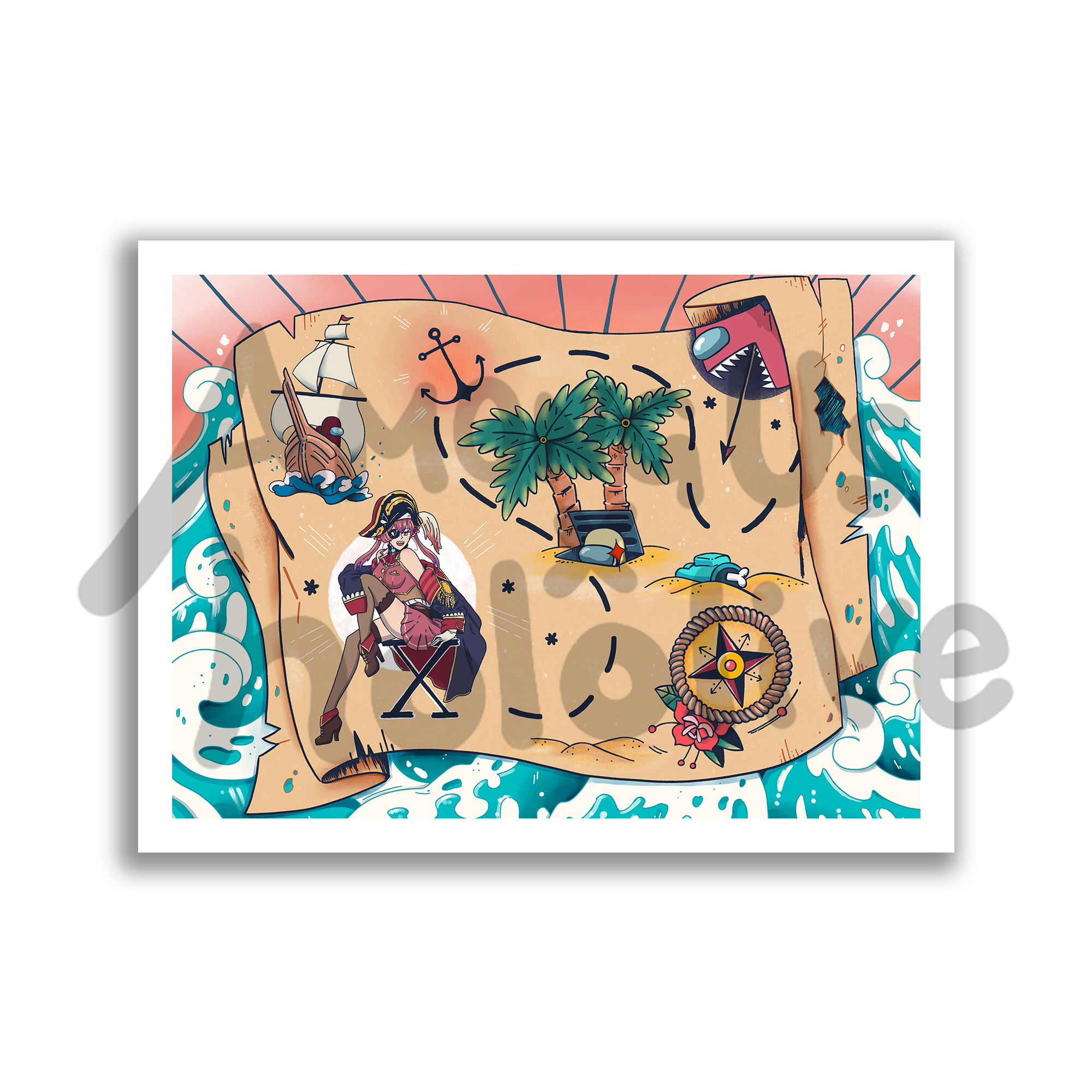 A poster of a treasure map with crashing waves behind it. The X marks the spot at Houshou Marine from hololive dressed in pirate garb. 