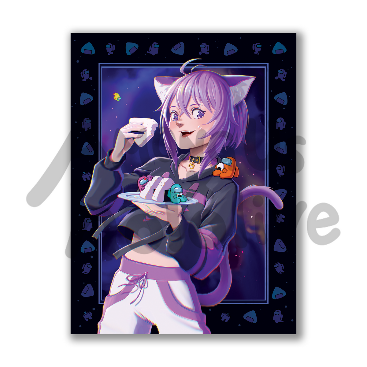 A poster of Nekomata Okayu from Hololive standing and eating from a plate of onigiri. Three tiny crewmates enjoy the snack with her either directly from the plate, but one orange crewmate enjoys its onigiri from atop her shoulder.