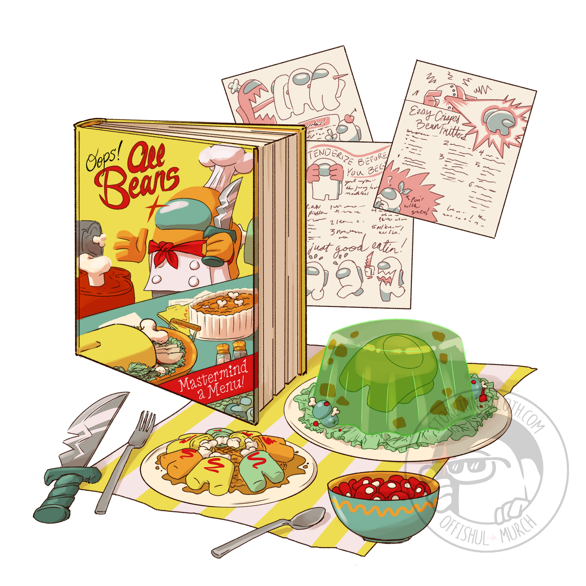 A composite illustration Katie McDermott of a dead Crewmate-style feast. There's a yellow cookbook that says "Oops! All beans, Mastermind a Menu." The cover has an Orange Impostor chef holding a knife. There are three cookbook pages behind the book depicting different ways to cook Crewmates. At the center and bottom of the image, are several food items, like a Crewmate suspended in jello and a bowl full of beans, laid out on a yellow and white checkered tablecloth surrounded by cutlery and one big dagger.