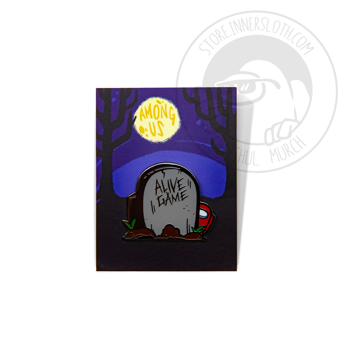 A product photo of the Among Us: Dead Game Pin on its backing card. The illustration around the pin shows spooky woods, and a full yellow moon that reads “AMONG US.”