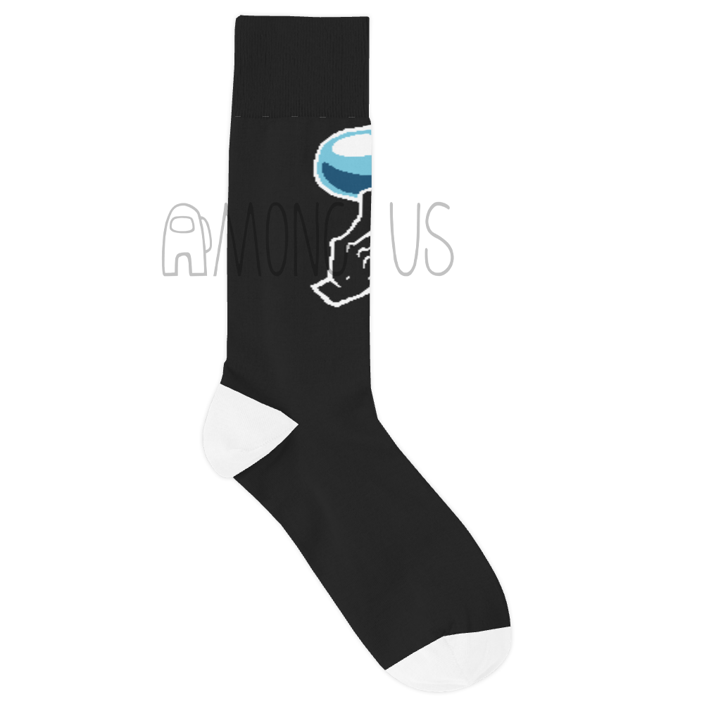 A flat lay product photograph of the Among Us: Shhh! Crew(mate) Socks V2 in black with white heel and toe.  The front of the sock shows the crewmate visor, and hand making a “shh”ing motion.