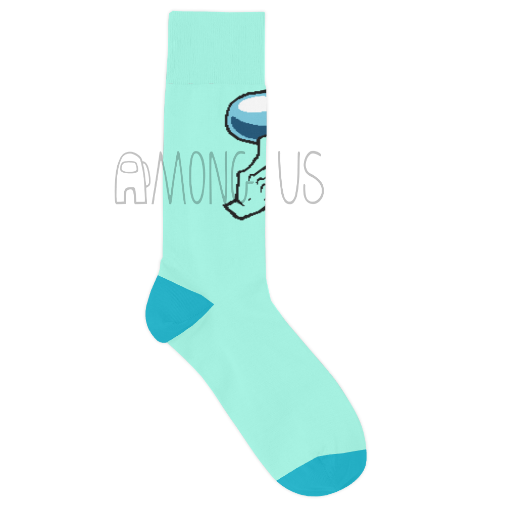 A flat lay product photograph of the Among Us: Shhh! Crew(mate) Socks V2 in cyan.  The front of the sock shows the crewmate visor, and hand making a “shh”ing motion.