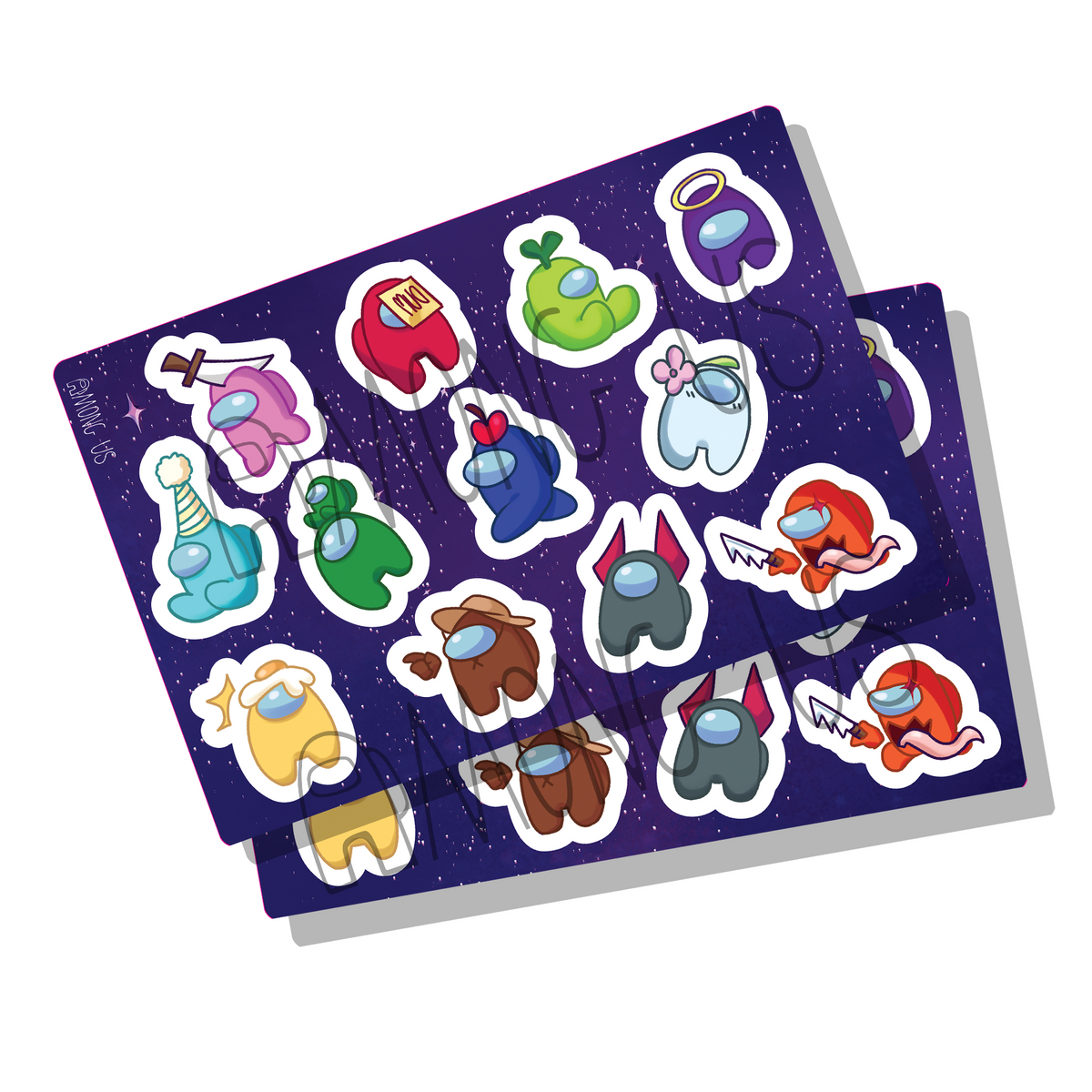 A product photo of two Among Us: Space Bean Sticker Sheets by Shantel Smith. Twelve crewmate stickers are included in the sheet. Each is wearing a different hat or visor and all are different colors. They are in varying states of action, as well as standing or sitting. 
