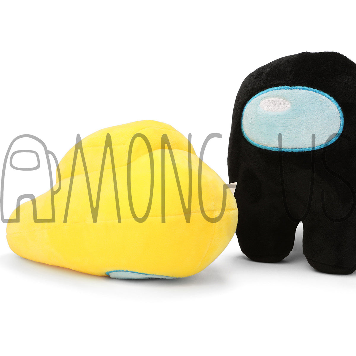 A product photo of the yellow plush lying face down and the black plush standing nonplussed beside it.