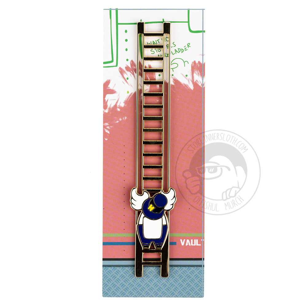 A product photo of the longer Sliding Ladder pin with its backing card. The crewmate is slid to the bottom of the ladder.