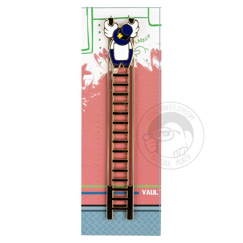 A product photo of the longer Sliding Ladder pin with its backing card. The backing card has the same coral wall that reads “VAULT” with a teal carpeted floor as the shorter ladder, but is extended upward so far that the space runs out. The finished illustration melts into a messy sketch with “ladder” written sloppily beside the pin.