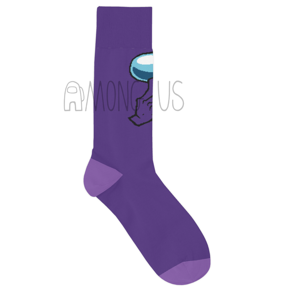 A flat lay product photograph of the Among Us: Shhh! Crew(mate) Socks V2 in purple.  The front of the sock shows the crewmate visor, and hand making a “shh”ing motion.