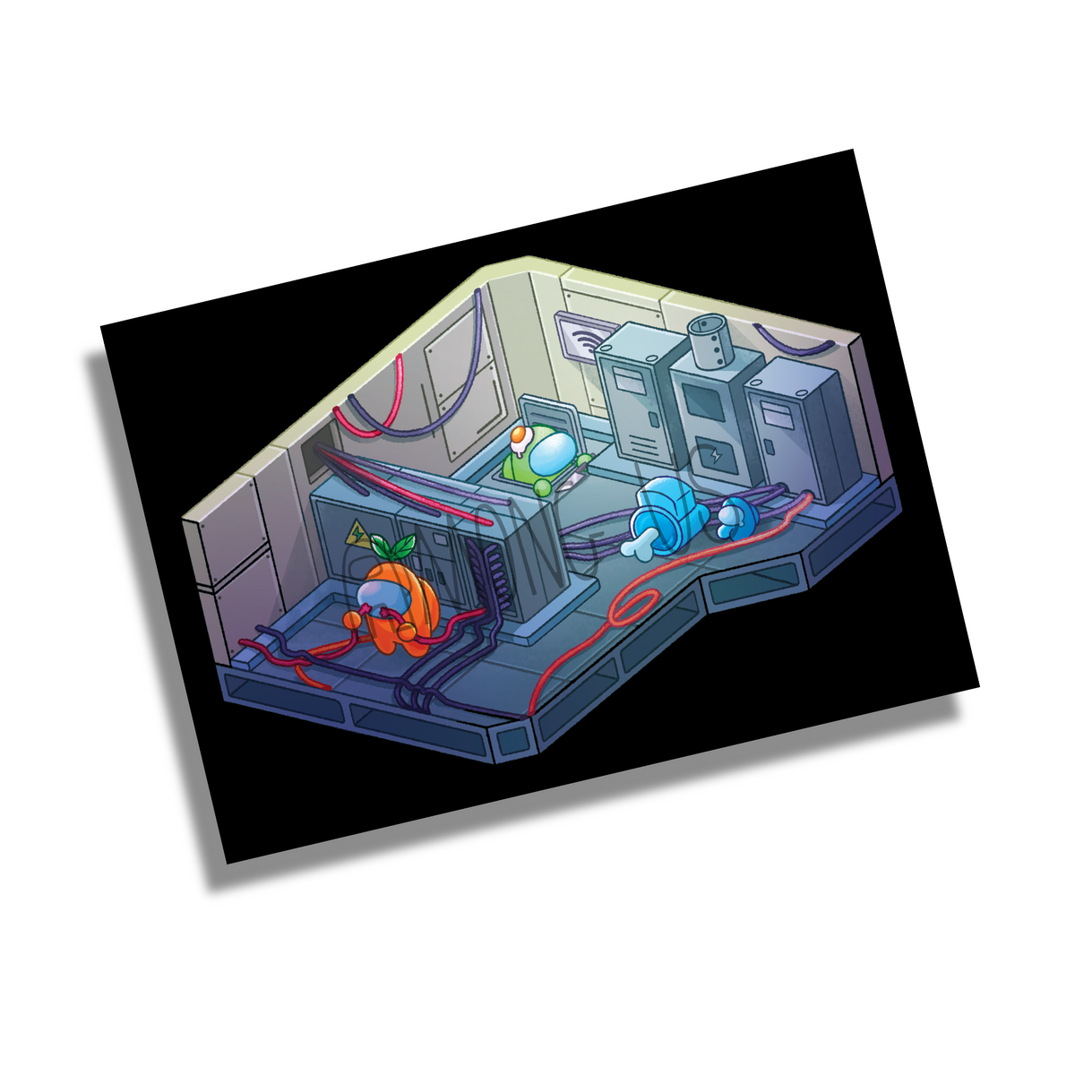 A product photo of the Among Us: Isometric Skeld Print by Woudi M. The print shows three crewmates in the electrical room. An orange crewmate with a green sprout hat connects two red wires. A blue crewmate lays dead on the floor. A green crewmate with an egg hat peeks out of a vent. 