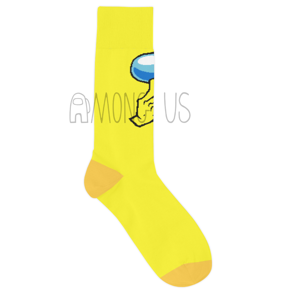 A flat lay product photograph of the Among Us: Shhh! Crew(mate) Socks V2 in yellow.  The front of the sock shows the crewmate visor, and hand making a “shh”ing motion.