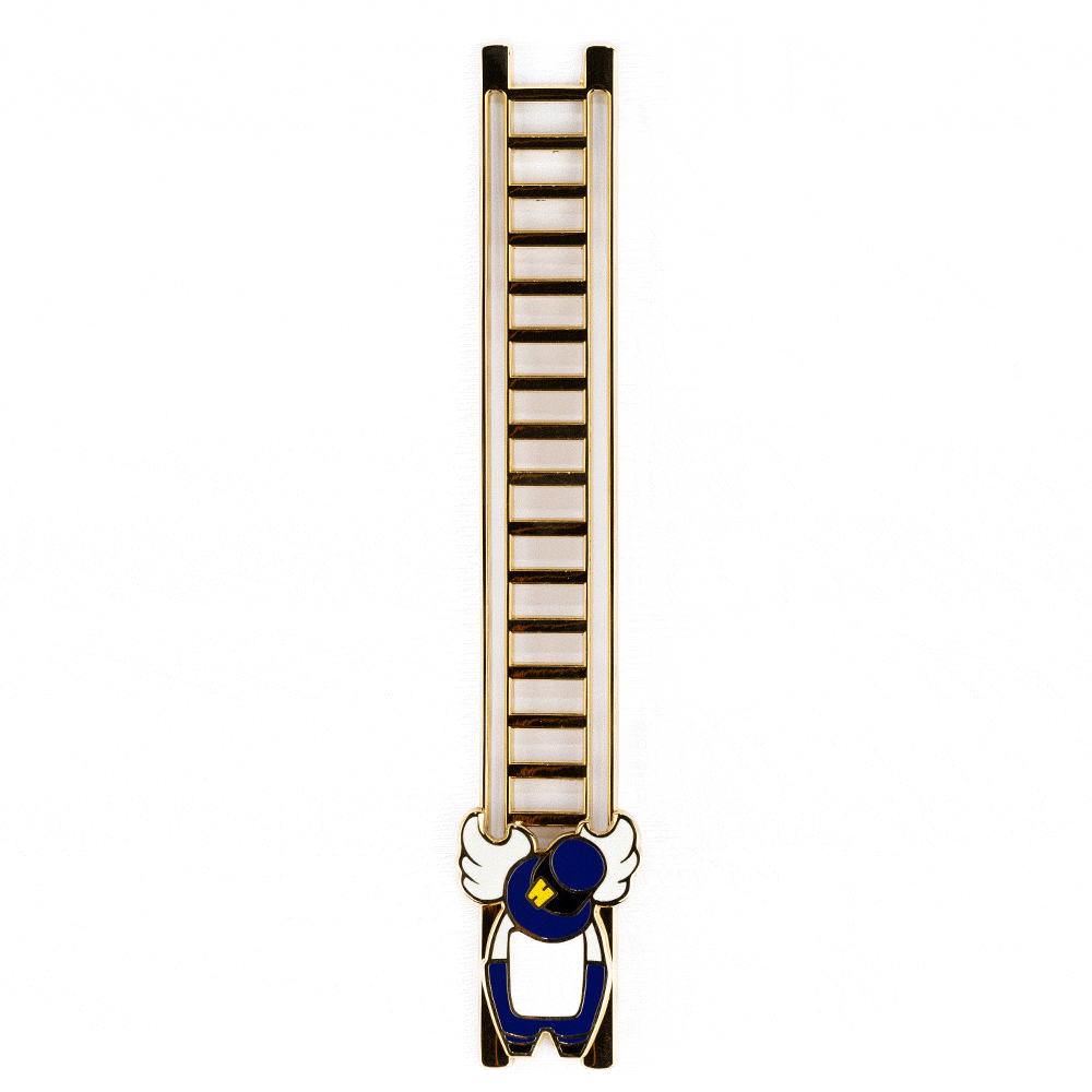 An animated gif of an enamel pin. It shows the back of a white and blue crewmate wearing a blue hat with a yellow H sliding up and down a ladder.