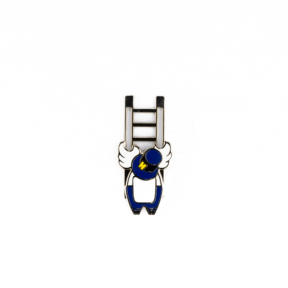 An animated gif of an enamel pin. It shows the back of a white and blue crewmate wearing a blue hat with a yellow H sliding up and down a ladder.