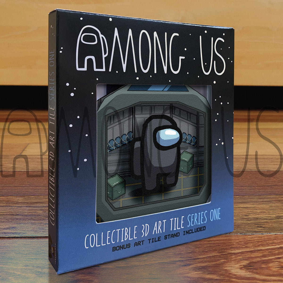 A photograph of the boxed Among Us: Crewmate Art Tiles by Artovision 3D. The art tile shows through the box window and shows a standing black crewmate and art tile stand.