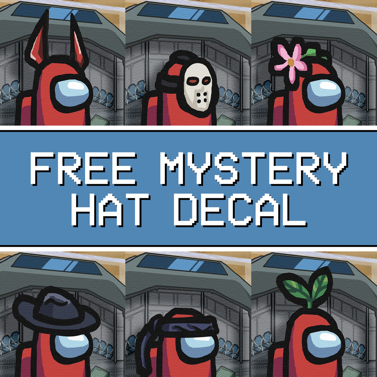 A promo series of photographs showing which “FREE MYSTERY HAT DECAL” you could receive in the box. The choices are devil horns, hockey mask, pink flower, fedora, headband, and sprout.