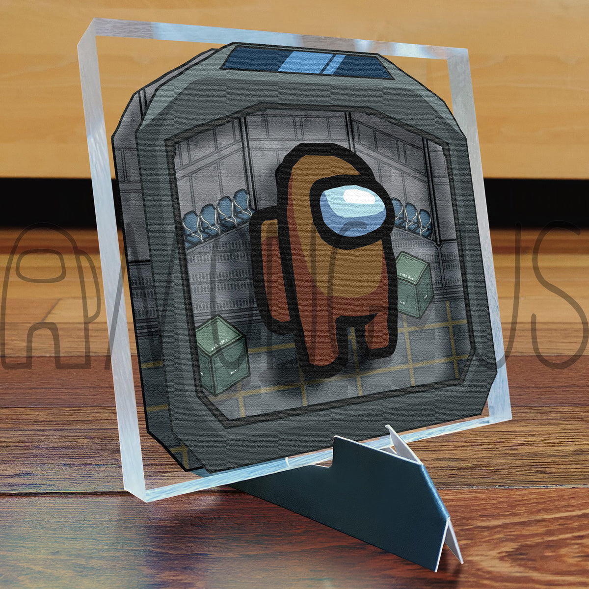 A photograph of the brown Crewmate Art Tile displayed on its art tile stand.