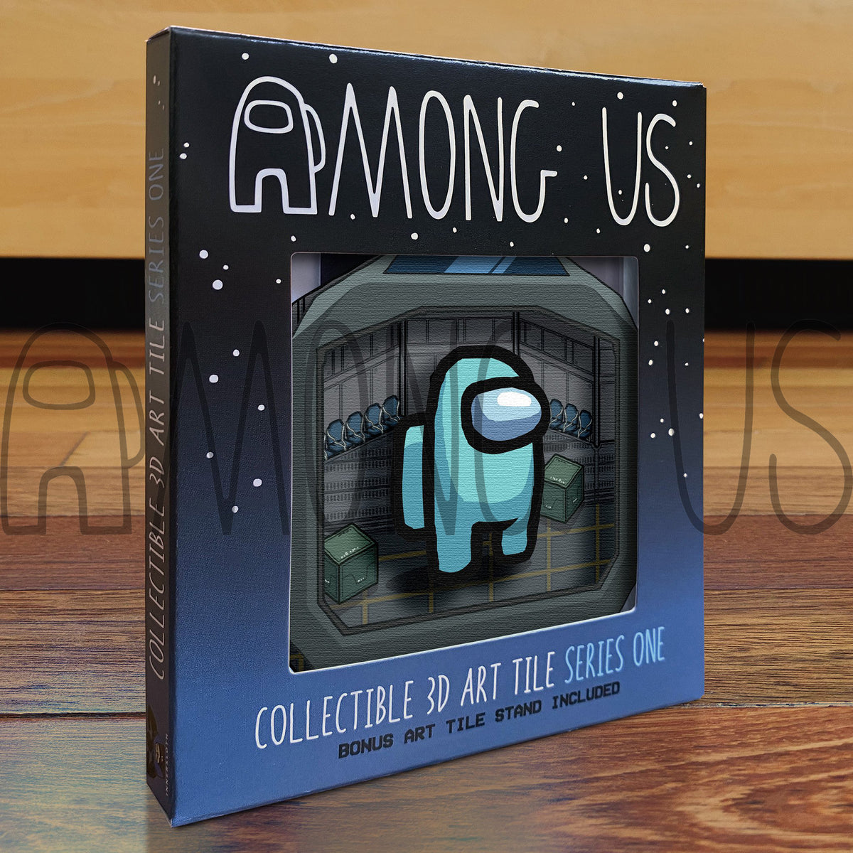 A photograph of the boxed Among Us: Crewmate Art Tiles by Artovision 3D. The art tile shows through the box window and shows a standing cyan crewmate and art tile stand.