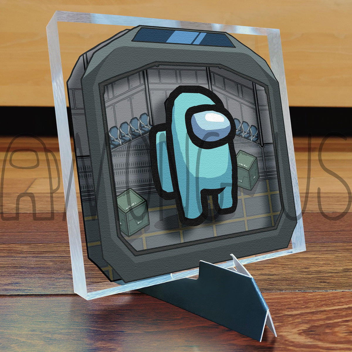 A photograph of the cyan Crewmate Art Tile displayed on its art tile stand.