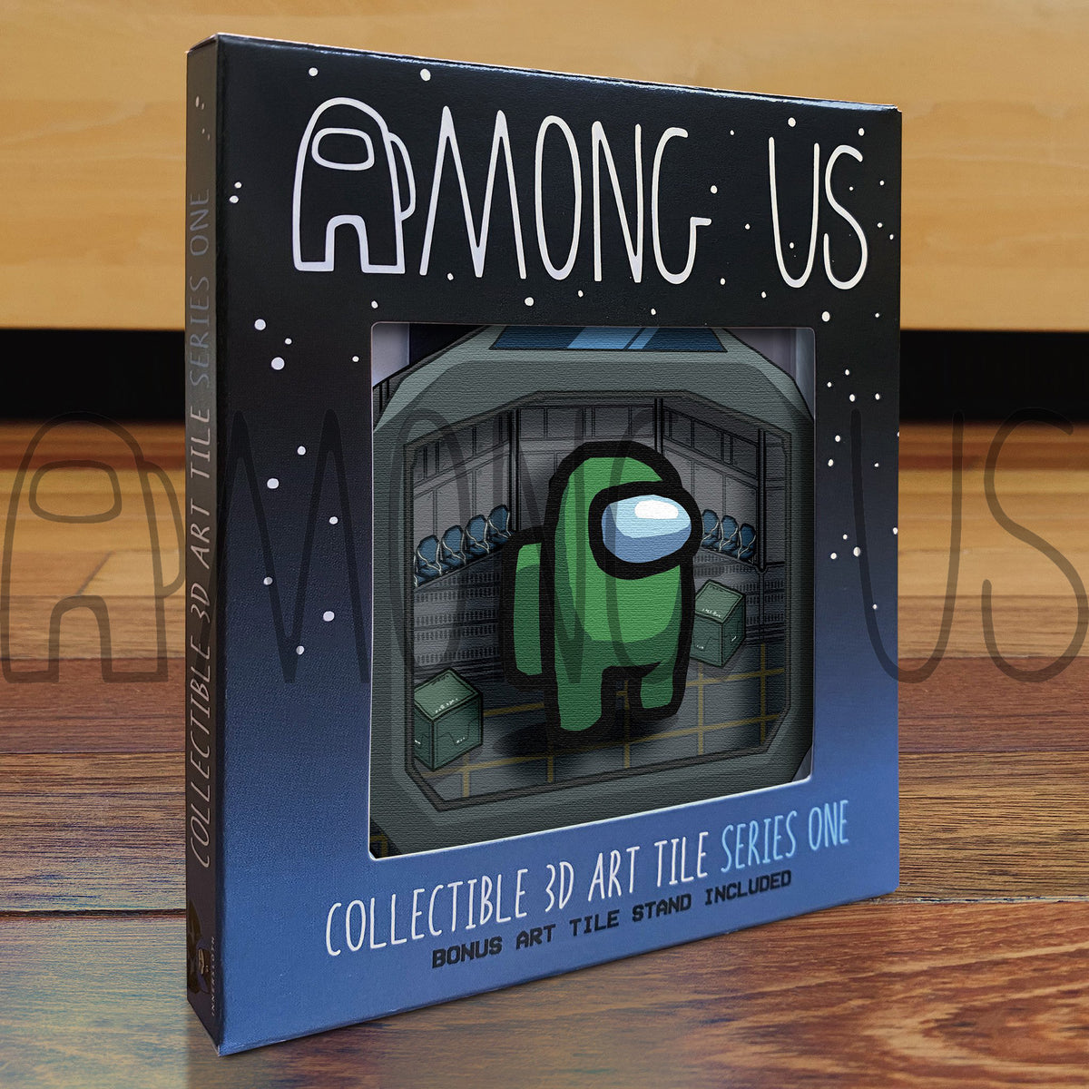 A photograph of the boxed Among Us: Crewmate Art Tiles by Artovision 3D. The art tile shows through the box window and shows a standing green crewmate and art tile stand.