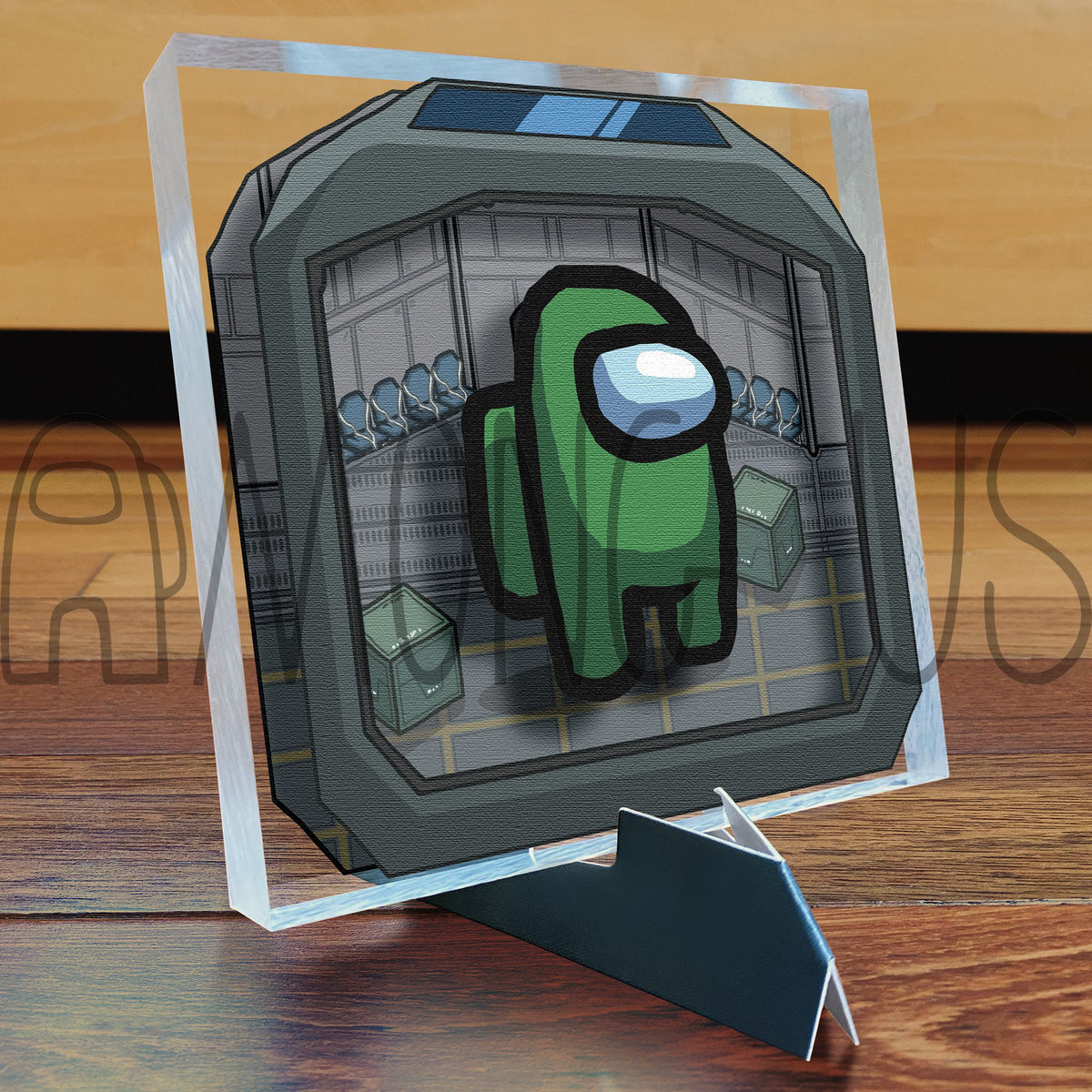 A photograph of the green Crewmate Art Tile displayed on its art tile stand.
