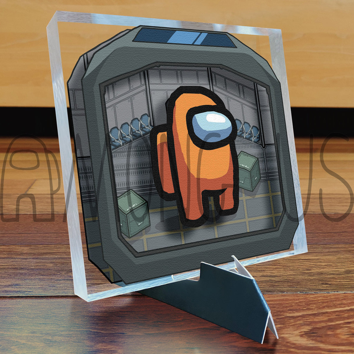 A photograph of the orange Crewmate Art Tile displayed on its art tile stand.