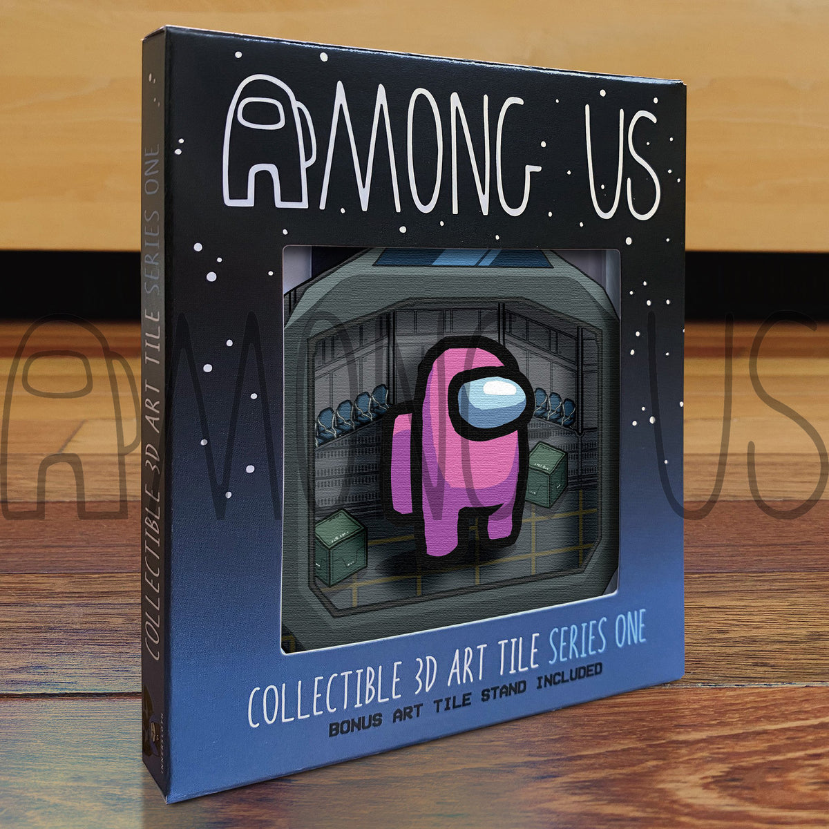A photograph of the boxed Among Us: Crewmate Art Tiles by Artovision 3D. The art tile shows through the box window and shows a standing pink crewmate and art tile stand.