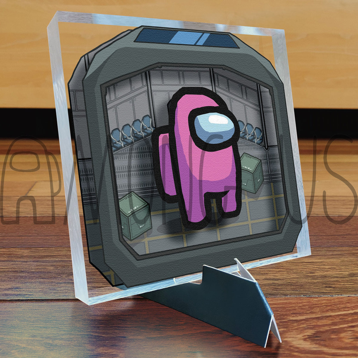 A photograph of the pink Crewmate Art Tile displayed on its art tile stand.