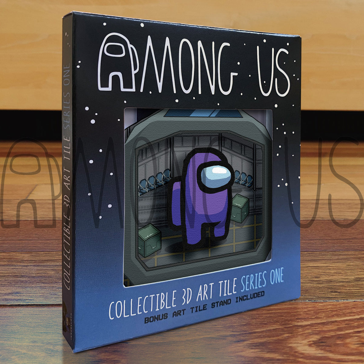 A photograph of the boxed Among Us: Crewmate Art Tiles by Artovision 3D. The art tile shows through the box window and shows a standing purple crewmate and art tile stand.