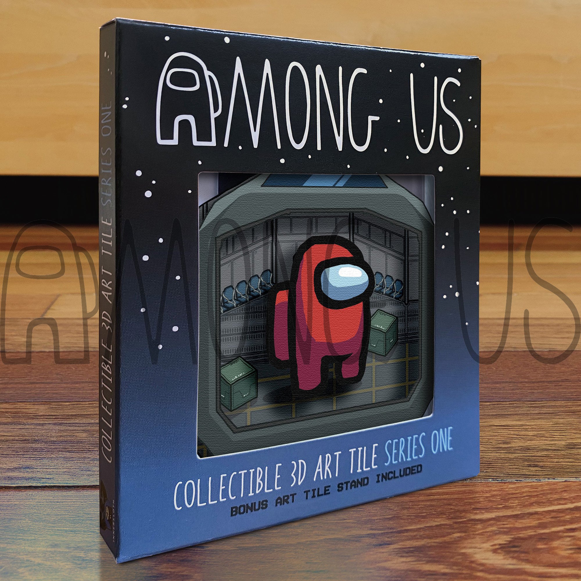 A photograph of the boxed Among Us: Crewmate Art Tiles by Artovision 3D. The art tile shows through the box window and shows a standing red crewmate and art tile stand.