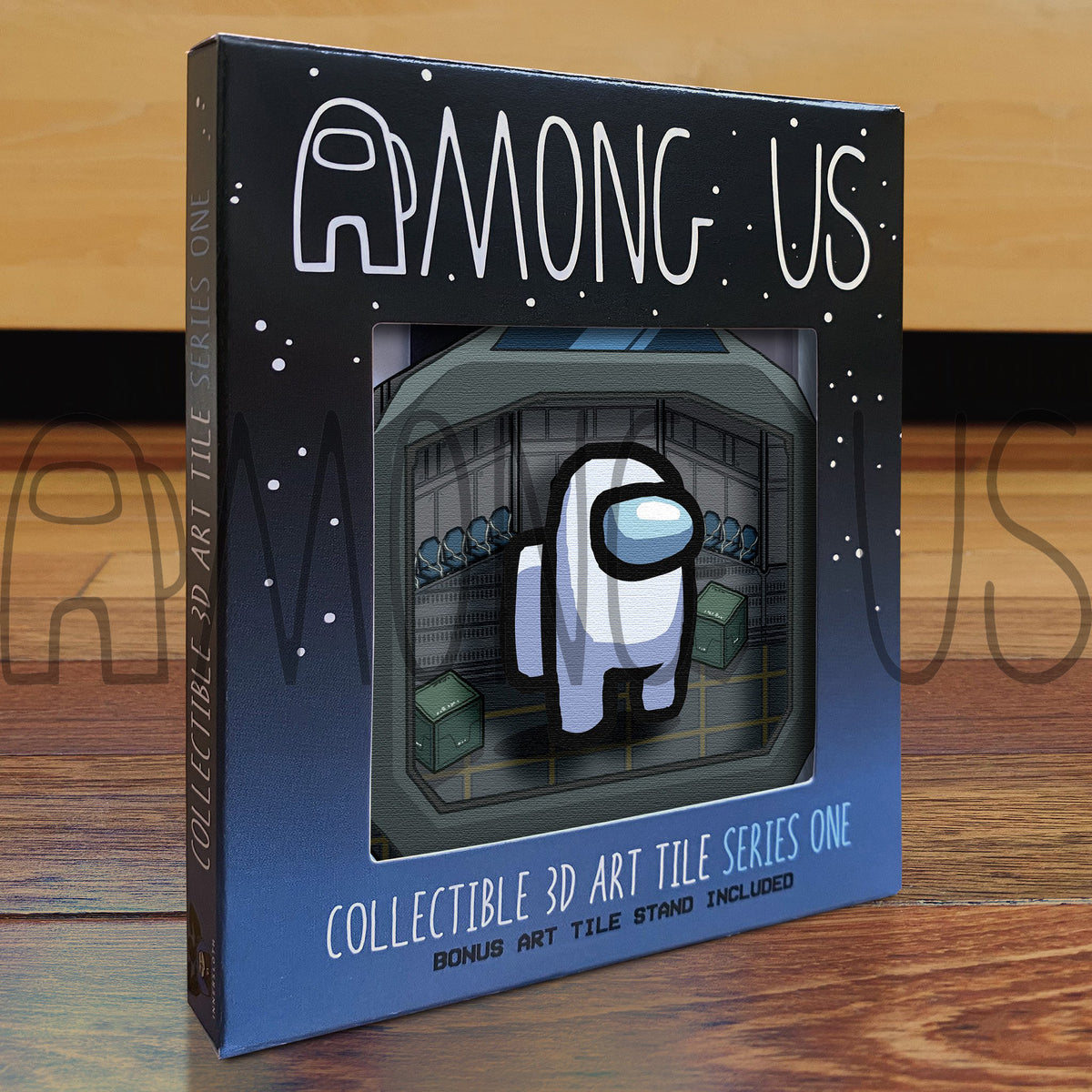 A photograph of the boxed Among Us: Crewmate Art Tiles by Artovision 3D. The art tile shows through the box window and shows a standing white crewmate and art tile stand.
