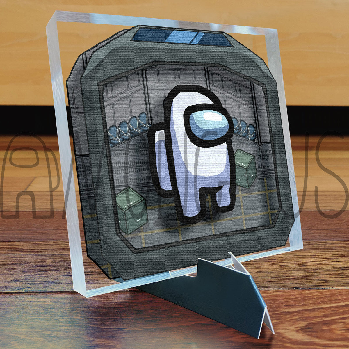 A photograph of the white Crewmate Art Tile displayed on its art tile stand.