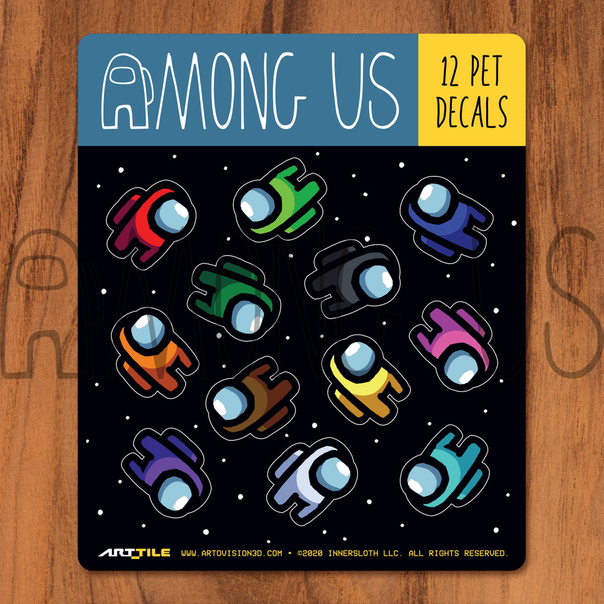 A product photograph of the pet decals that are part of the Among Us: Crewmate Art Tile Decals by Artovision3D. All 12 mini crewmate pet colors are available on this sheet.