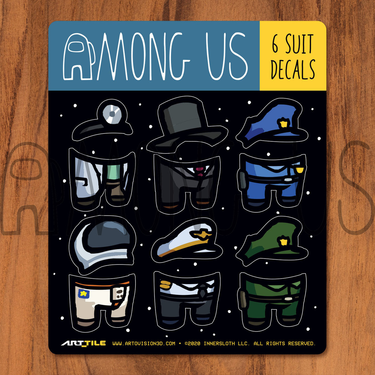 A product photograph of the suit decals that are part of the Among Us: Crewmate Art Tile Decals by Artovision3D. There are 6 skins with accompanying hat decals on this sheet: doctor, policeman, astronaut, pilot, military officer, and black suit with tophat.