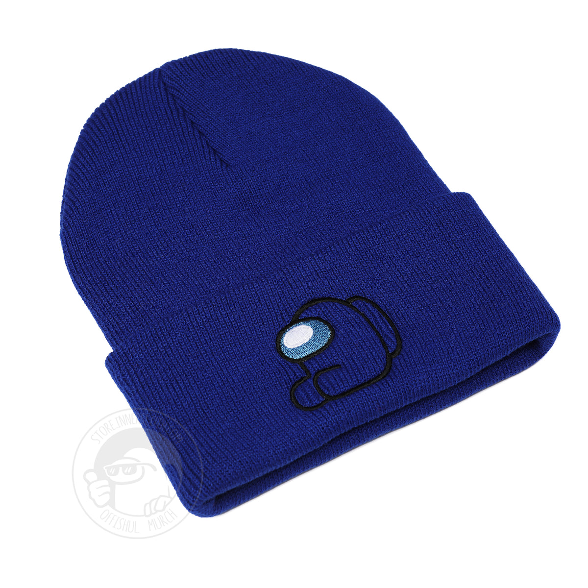 A flat lay photo of the blue beanie, from a diagonal perspective.