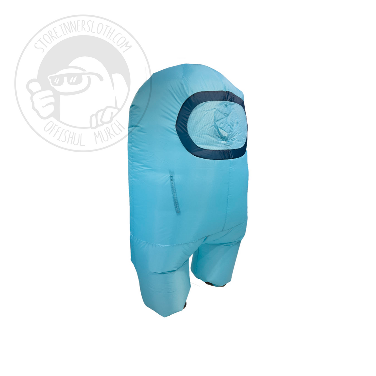 Three-Quarter view of the Cyan children-sized inflatable Crewmate costume.
