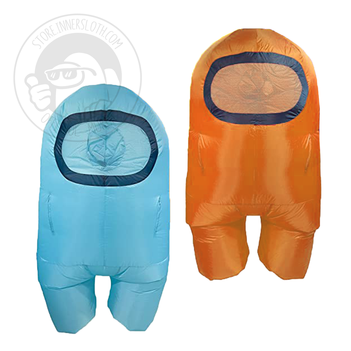 Front view group shot of the Cyan &amp; Orange children&#39;s inflatable Crewmate costumes. The Crewmate visors are made of netted material plastic to not obscure children&#39;s vision.